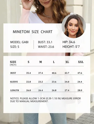 Miniatura 6 de Minetom Camisetas de manga larga con cuello en V para mujer, estilo casual, bloque de colorsólido, camisetas básicas