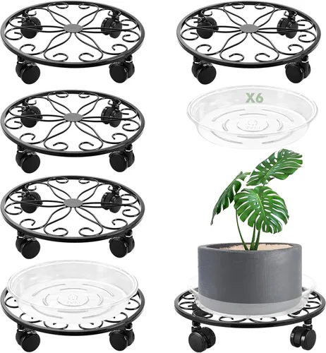 Paquete de 6 soportes de metal para plantas con ruedas de 12 pulgadas con ruedas, soporte de hierro forjado resistente, rodillos para plantas,