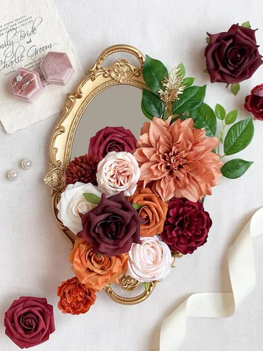 Miniatura 2 de FACINOC Ramos de Rosas Artificiales Naranjas, Juego de Caja de Flores Artificiales con Tallos para DIY, Bodas, Despedidas de Soltera, Decoraciones