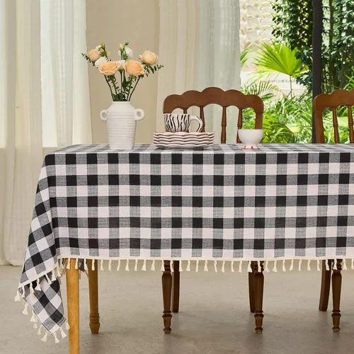 Midsummer Breeze - Mantel rectangular de estilo rústico, colección Gingham, a cuadros de búfalo, de algodón y lino, para Acción de Gracias, Navidad,