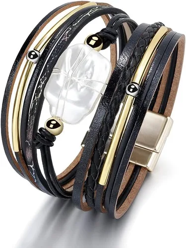 Miniatura 4 de Fesciory - Pulsera de leopardo para mujer, estilo bohemio de cuero multicapa con perlas de cristal