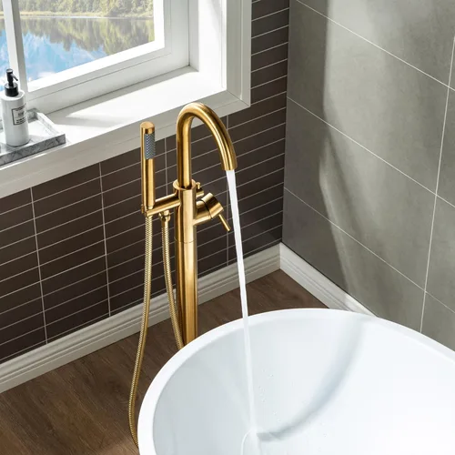 Miniatura 3 de WOODBRIDGE Grifo de llenado de bañera independiente contemporáneo de una sola manija con ducha de mano en acabado dorado cepillado, F0007BGRD