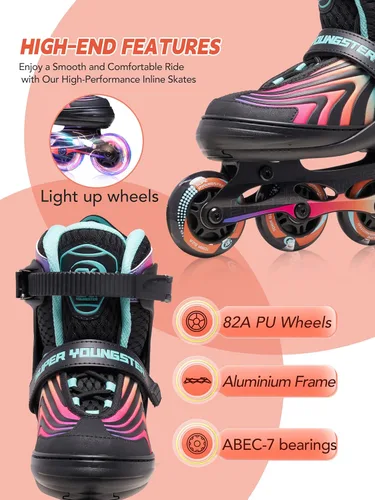 Miniatura 4 de SUPER YOUNGSTER Patines en línea para niñas, niños y niños de 4 a 12 años, patines ajustables con luces para jóvenes y adolescentes de 8 a 12 años