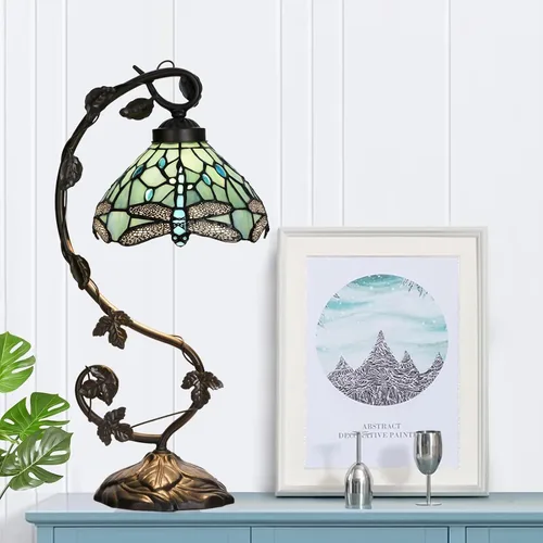 Miniatura 7 de TL0024 Lámpara estilo Tiffany azul mar con libélula, pantalla de vidrio emplomado y base de lámpara de mesa con diseño de vid para dormitorio, sala