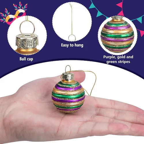 Miniatura 3 de Watayo 12 adornos de bola de vidrio Mardi Gras, bolas colgantes con purpurina de 1.5 pulgadas, adornos morados de Nueva Orleans, verde, adornos