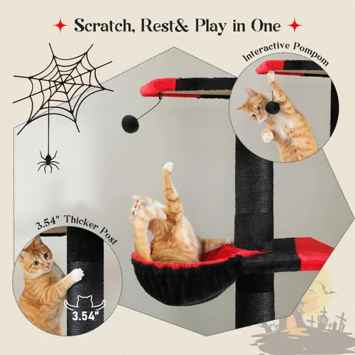 Miniatura 5 de PAWZ Road Árbol Gótico para Gatos, Torre para Gatos de Piso a Techo con Altura Ajustable (86.8-120 Pulgadas), Condominio Negro de 5 Niveles