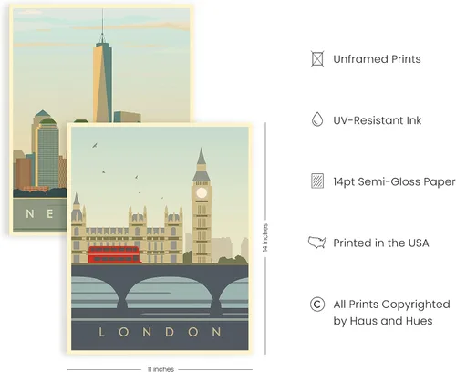 Miniatura 2 de HAUS AND HUES Pósteres de viaje vintage de ciudad, juego de 4 pósteres de viaje de Londres, impresión de Nueva York, póster de pared de París y Sin