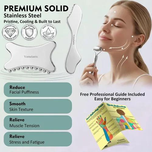 Miniatura 7 de Juego de rodillo facial de acero inoxidable 3 en 1 y Gua Sha – Herramientas de masaje facial de enfriamiento para esculpir, deshinchar y definir