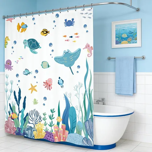 Miniatura 2 de Cortina de ducha para niños, 60 pulgadas de ancho x 72 pulgadas de largo, linda tortuga corales submarinos para niños y niñas, peces marinos, juego