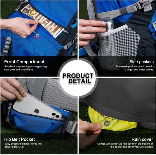 Miniatura 7 de MOUNTAINTOP Mochila de marco interno de 80L para hombre y mujer Mochila de senderismo con cubierta de lluvia Azul-80L