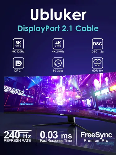 Miniatura 3 de Ubluker Cable DisplayPort 2.1 de 80 Gbps de 3.3 pies, cable DP a DP certificado 4K 540Hz 360Hz 240Hz 165Hz 120Hz 16K 8K 240Hz Ultra alta tasa
