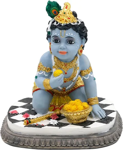 Miniatura 6 de alikiki Estatua de ídolo de bebé Krishna – 5.9 pulgadas de alto dios hindú Laddu Gopal arrodillado disfruta de Laddus India Murti Artículo