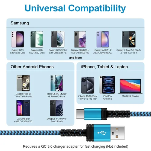 Miniatura 6 de Cable de carga USB C de 3A de carga rápida, [2 unidades, 6 pies] cable trenzado USB-A a tipo C para iPhone 15 Pro Max Plus, Samsung Galaxy A14 A54