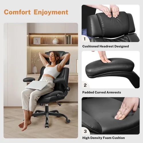 Miniatura 4 de Silla de oficina con brazos abatibles, silla de oficina ejecutiva de cuero ergonómica con soporte lumbar, reposacabezas ajustable, silla de Negro