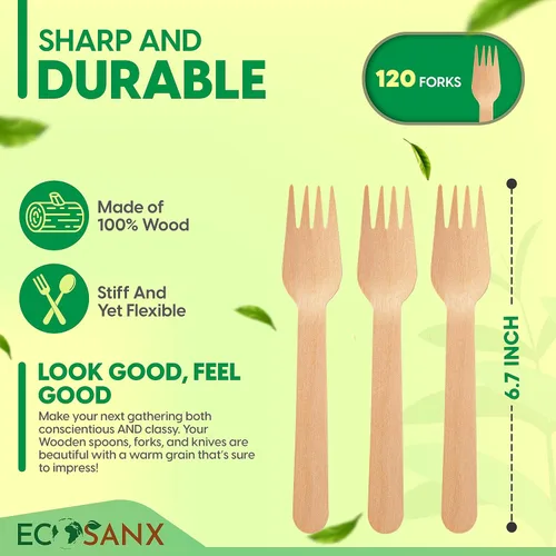 Miniatura 2 de ECOSANX® 120 piezas de tenedores de madera para comer de 16.5 cm libres de astillas, compostables, juego de cubiertos de madera ecológico