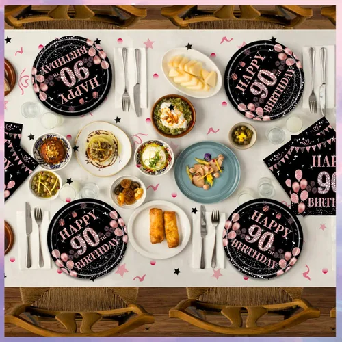 Miniatura 7 de 41 piezas de decoraciones de 90 cumpleaños para mujeres, platos y servilletas de 90 cumpleaños en negro y oro rosa, juego de vajilla de feliz