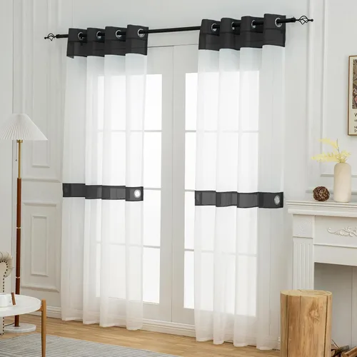 Miniatura 7 de L.Z.E - Cortinas transparentes blancas y negras de 63 pulgadas de largo, 2 paneles para sala de estar, cortinas elegantes y modernas transparentes