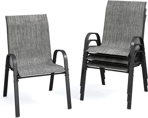 Miniatura 17 de Juego de 4 sillas de comedor para patio, sillas de comedor apilables, respaldo alto, tela de asiento transpirable y marco de acero de aleación