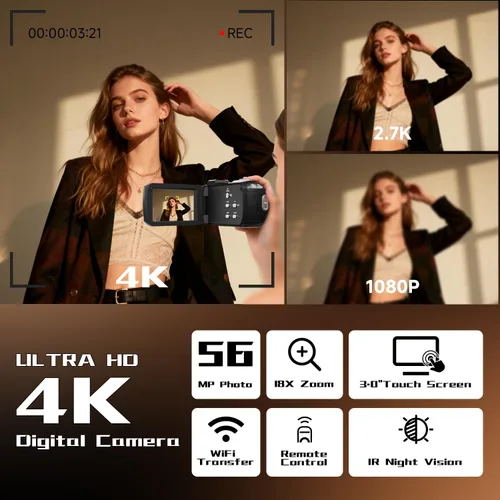 Miniatura 2 de Videocámara, videocámara 4K 56MP grabadora de video digital 18X zoom 3" pantalla táctil de rotación 270° visión nocturna IR, cámara wifi para vlogs
