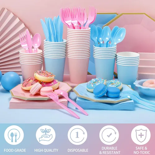 Miniatura 2 de Nitial 462 piezas de suministros para fiesta de revelación de género, vajilla para baby shower, niños o niñas, platos de revelación de género rosa