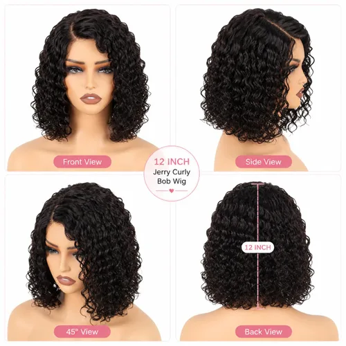 Miniatura 6 de Peluca de cabello humano rizado profundo de 12 pulgadas para mujer, peluca de encaje frontal sin pegamento, cabello Remy brasileño rizado Jerry