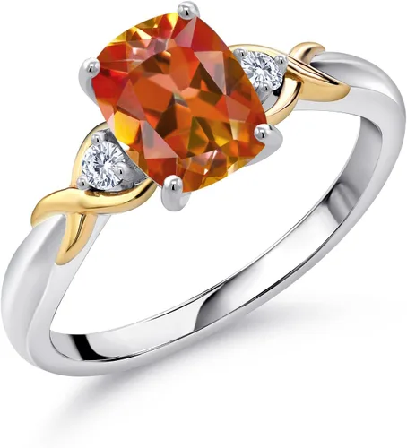Miniatura 8 de Gem Stone King Anillo de compromiso de 3 piedras preciosas de plata 925 y oro amarillo de 10 quilates de 0.315 x 0.236 in de talla cojín y diamante