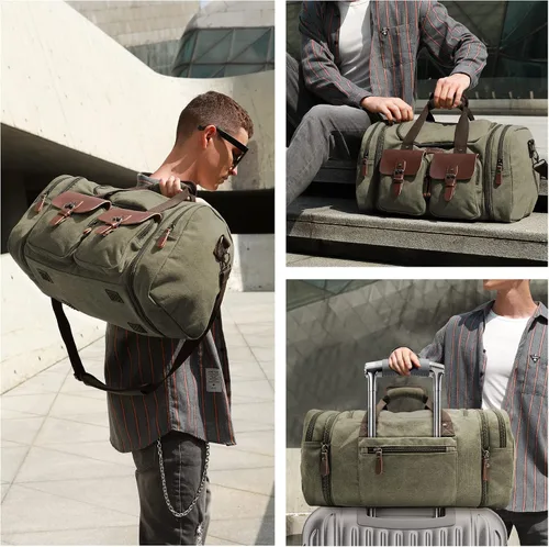 Miniatura 3 de Wildroad Bolsa de viaje de lona de 50L, bolsa de lona expandible de cuero genuino, bolsa de fin de semana mejorada para una noche, bolsa de mano