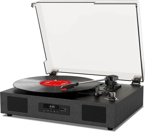 Tocadiscos de vinilo con altavoces, tocadiscos vintage Bluetooth de 3 velocidades con transmisión por correa, grabación USB, reproductor LP con Negro