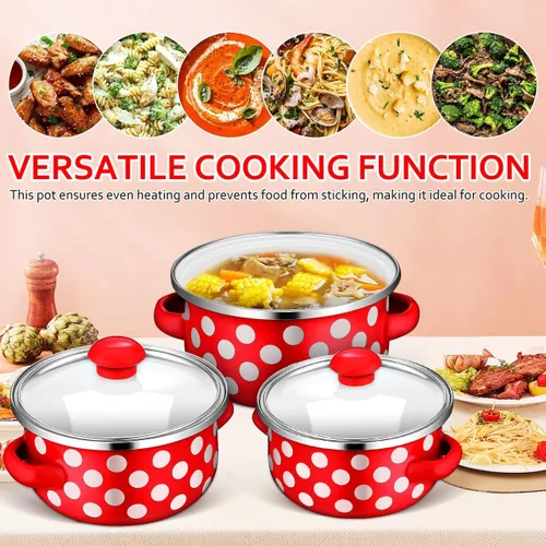 Miniatura 7 de Juego de 3 mini ollas de cocina esmaltadas con asas dobles y tapas, parte inferior plana para calefacción uniforme para sopas, salsas, guisos, uso