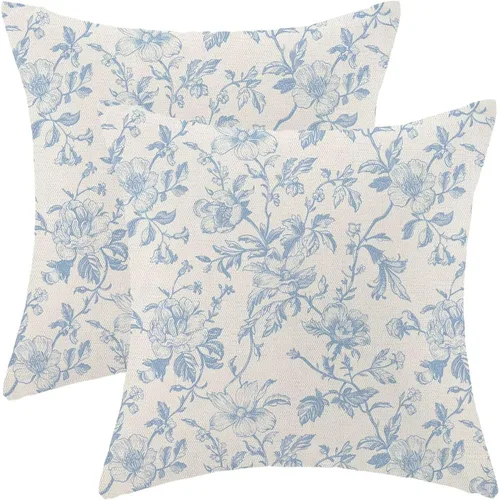 Juego de 2 fundas de almohada florales vintage de 16 x 16 pulgadas, fundas de almohada decorativas de lino al aire libre de color azul bebé