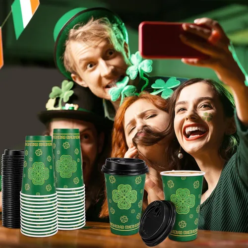Miniatura 6 de JarThenaAMCS Tazas de café desechables del día de San Patricio con tapas, 16 onzas, trébol de la suerte, tazas de café para llevar, taza de café