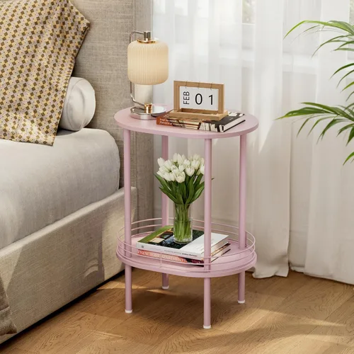Miniatura 10 de Mesa auxiliar redonda pequeña y moderna con almacenamiento, mesas auxiliares de 2 niveles, mesita de noche resistente para espacios pequeños, sala