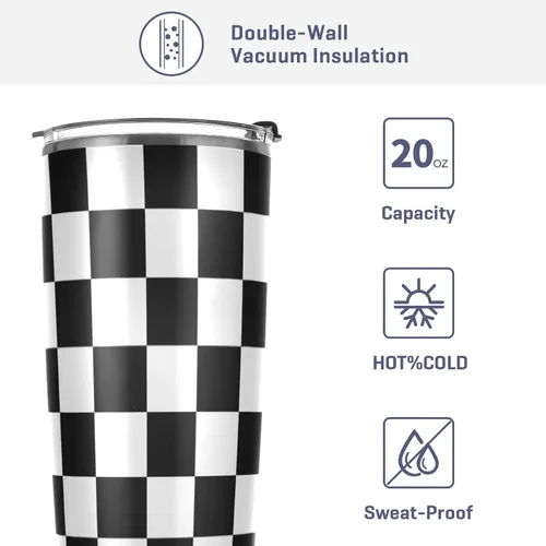Miniatura 4 de CaTaKu Vaso de carreras con bandera a cuadros de 20 onzas con tapa y pajita, acero inoxidable a cuadros en blanco y negro, aislado al vacío, taza