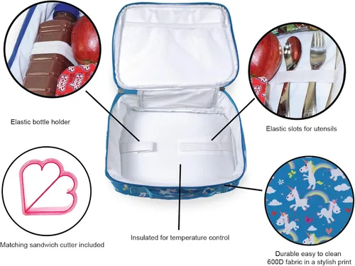 Miniatura 2 de Fiambrera térmica suave con aislamiento térmico, bolsa de comida para niños pequeños, preescolar, con cortador de sándwich en unicornios azules