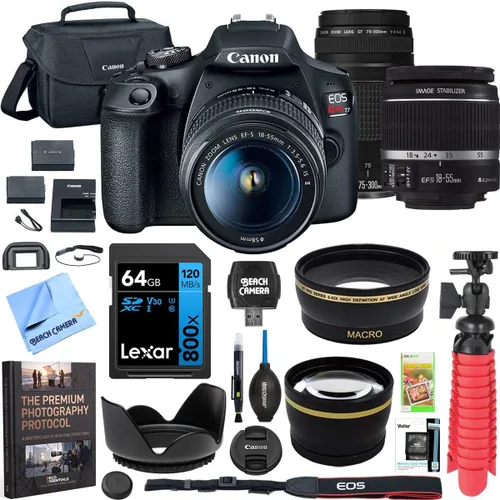 Canon T7 EOS Rebel - Cámara DSLR con lente EF-S 18-55mm f/3.5-5.6 is II y lente EF 75-300mm f/4-5.6 III y dos (2) tarjetas de memoria SDHC de 32GB