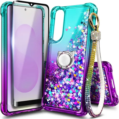 Miniatura 11 de Funda compatible con Samsung Galaxy S24-FE Aqua/Purple Funda líquida flotante con purpurina linda con protector de pantalla de vidrio templado