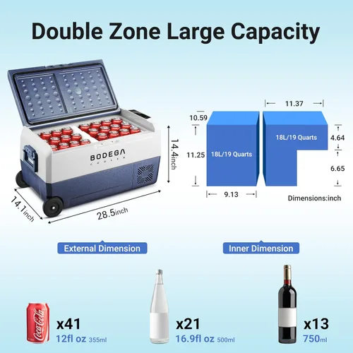 Miniatura 2 de BODEGACOOLER Refrigerador de Coche de 12 Voltios, Congelador Portátil de 38 Cuartos de Galón, Refrigerador para Coche de Doble Zona con Control por