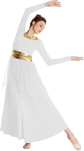 Miniatura 3 de MYRISAM Mujeres Alabanza Bata de Baile Culto Litúrgico Cintura Metálico Vestido de Manga Larga Falda de Gasa Traje Lírico