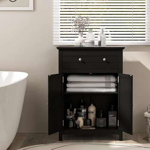 Miniatura 4 de Giantex Armario de almacenamiento de baño con cajón, armario de piso con puertas, estante ajustable, organizador de almacenamiento para entrada