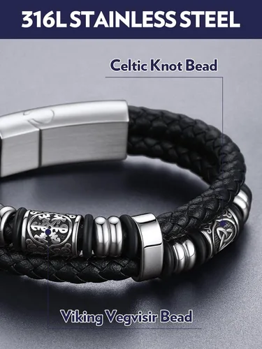 Miniatura 2 de Bandmax Pulseras de Puño de Cuerda de Cera Doble Negra para Hombres Impermeables de Acero Inoxidable Estilo Nórdico Nudo Celta Cuentas Pulsera
