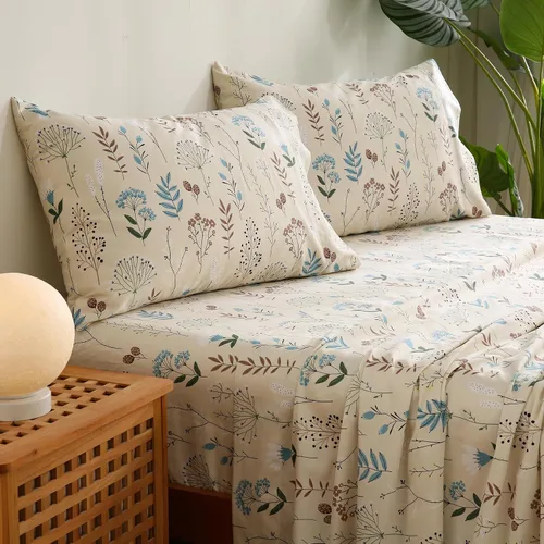 Miniatura 8 de JSD Juego de sábanas de algodón floral beige tamaño individual, sábanas de satén de 300 hilos, suaves, transpirables, sedosas, bolsillo profundo