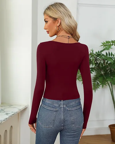 Miniatura 3 de Ficerd 3 piezas de camisetas cortas básicas de manga larga para mujer, ajustadas, cuello redondo, color liso, casual, para mujer