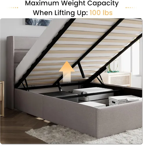 Miniatura 8 de SHA CERLIN - Cama de tamaño completo con almacenamiento elevado/Cabecero abatible moderno/Base de cama tapizada con plataforma/Almacenamiento Beige