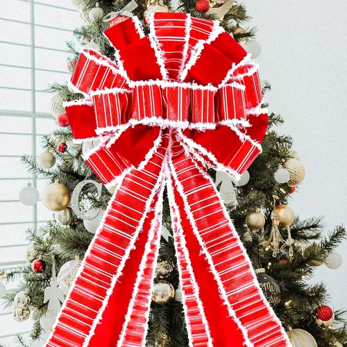 Miniatura 4 de Adorno de lazo grande para punta de árbol de Navidad y corona, lazo con cinta roja de arpillera y borde blanco de poliéster, para hogar, Acción