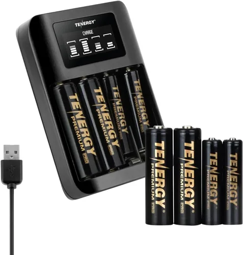 Tenergy Premium Pro Paquete de 4 pilas AA y 4 AAA recargables y cargador de batería portátil TN474U, ideal para electrónica profesional de alto