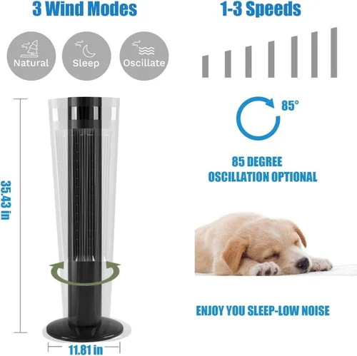 Miniatura 3 de Antarctic Star Ventilador de torre Ventilador oscilante de 85°, enfriamiento silencioso, temporizador de 12 horas, control remoto, sin aspas