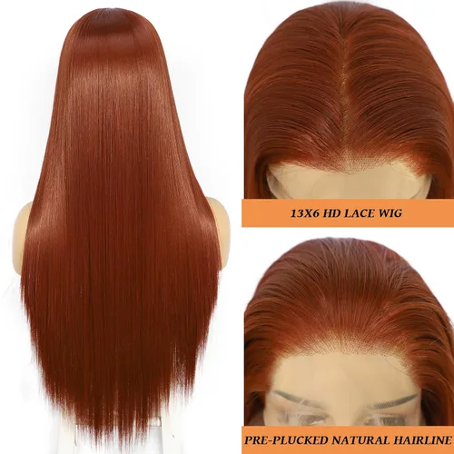 Miniatura 5 de SAPPHIREWIGS Peluca de cabello lacio natural color marrón rojizo #350, sin enredos, línea capilar natural 6 × 13, parte de libertad de encaje