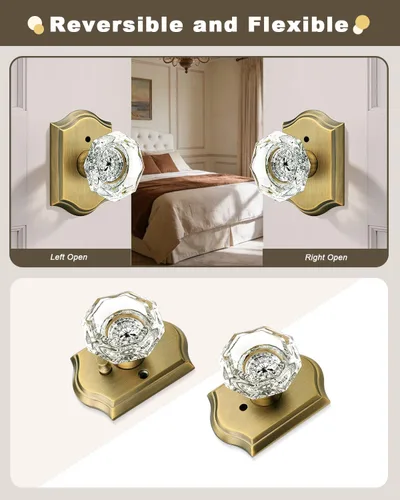 Miniatura 6 de Gobrico Juego de pomos de puerta de vidrio transparente para interiores, cerradura de puerta de cristal de diamante de privacidad en latón antiguo
