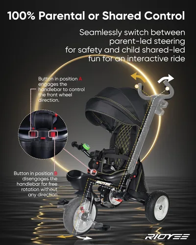 Miniatura 4 de RIDYEE 7-en-1 Triciclo plegable para niños pequeños de 18 meses a 5 años, cochecito triciclo con frenos duales, neumático de goma todo terreno