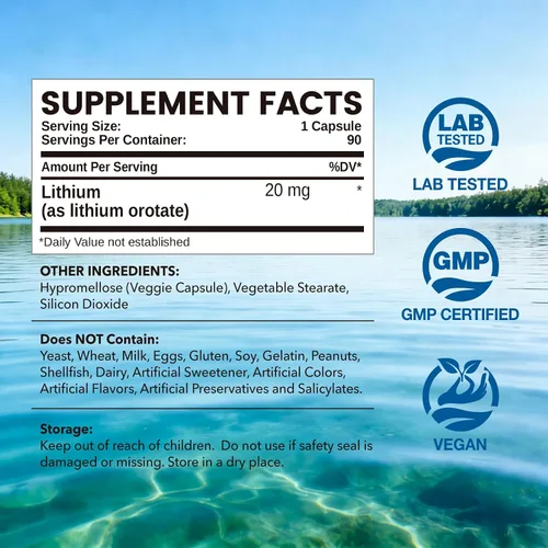 Miniatura 2 de Orotato de litio 20 mg - Apoyo a la salud del cerebro y los nervios para un envejecimiento saludable, suplementos de litio de baja dosis, minerales
